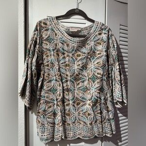 Solitaire Cream, Teal & Gold Geometric Crochet-Trim Tunic